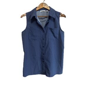 Notations Polka Dot Blouse Womens Large Blue Excellent Sleeveless‎ Button Up Top